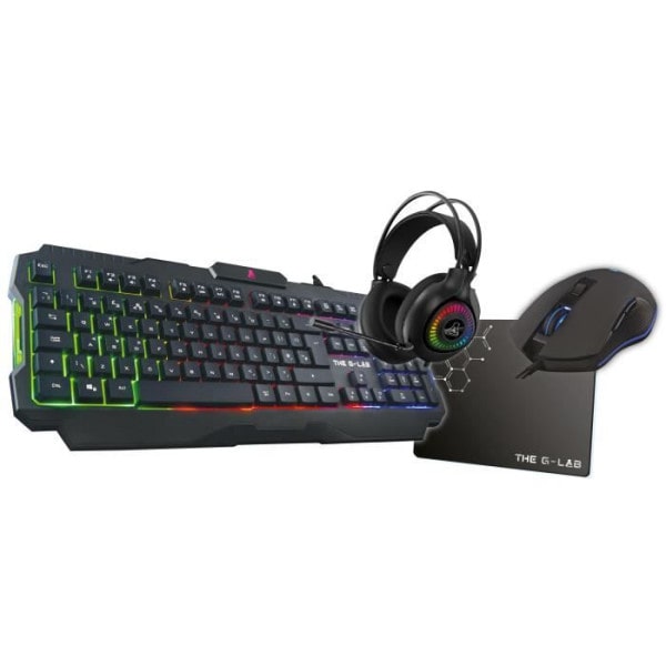 Pack Gamer 4 en 1 - The G-Lab - COMBO ACTINIUM - Souris Filaire - Clavier Filaire - Casque Sans Fil - Tapis de Souris THE G-LAB