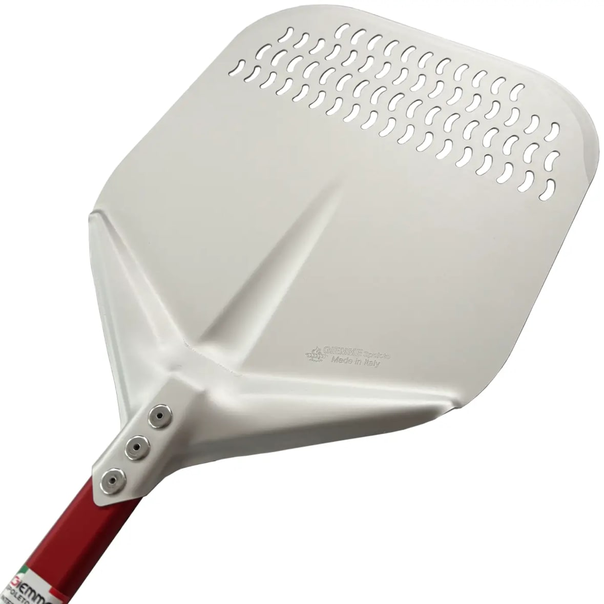 Pá de Pizza Profissional Retangular Perfurada, Disco Ø 30 cm, cabo vermelho de 120 cm