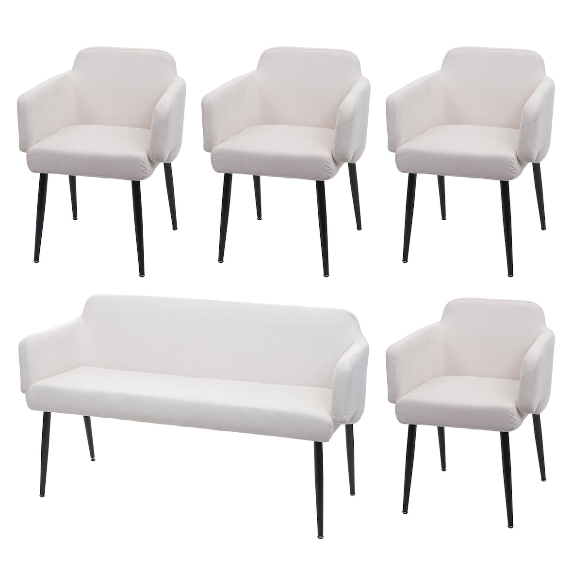 Conjunto de sala de jantar HWC-L13, conjunto de 4 cadeiras + banco Conjunto de sala de jantar Conjunto de sala de jantar, tecido/têxtil ~ branco-creme