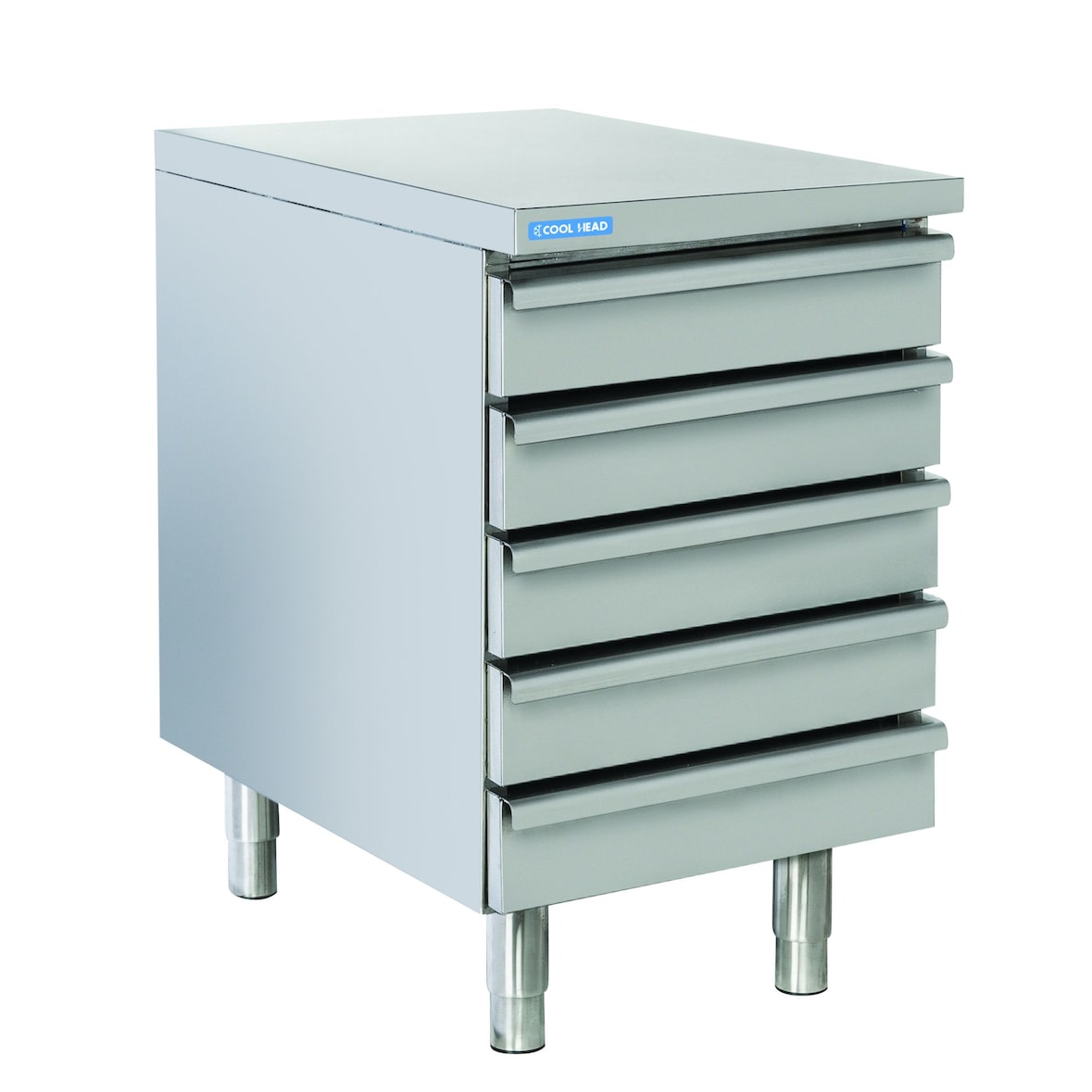 Cassettiera in acciaio inox per contenitori impasti pizza con 5 cassetti. Dimensioni (LxPxH) 52,5x80x85 cm. COOL HEAD modello D5
