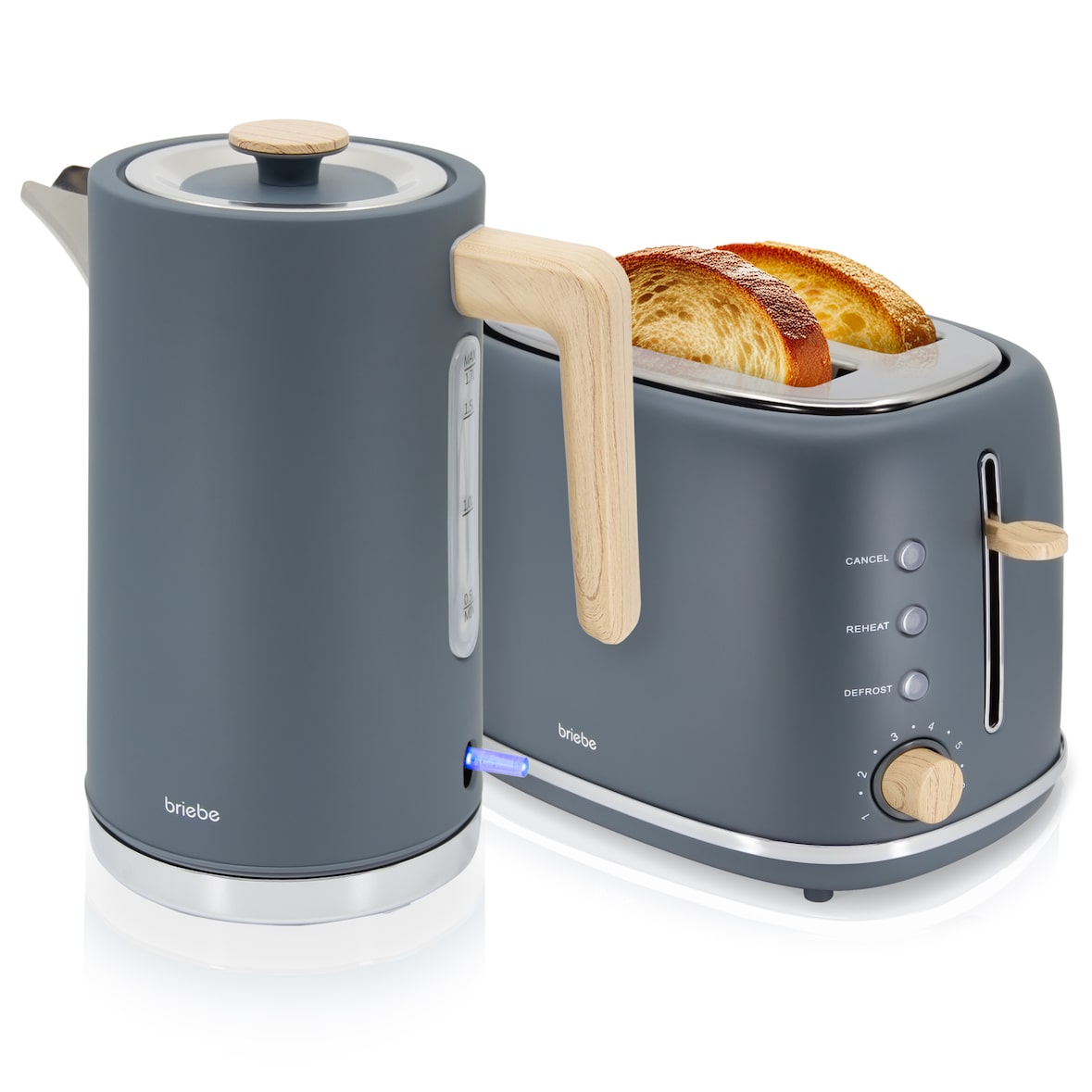 Briebe Nordic Set Toaster 2 Scheiben Breite Schlitze + Wasserkocher 1,7L Elektrischer, SKT1167GRY, Grau, 2200W