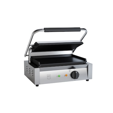 METRO Professional Enkele contactgrill GPG1202, roestvrij staal, 43 x 36 x 20 cm, 3000 W, temperatuurbereik: 50 - 300°C, 45 panini per uur, zilver