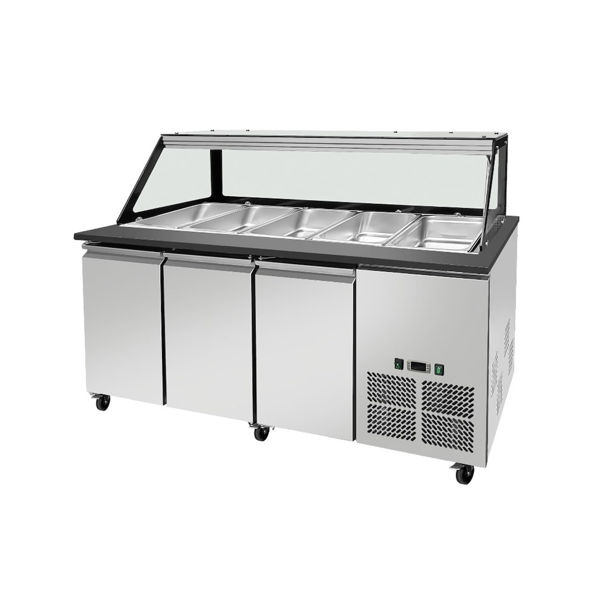 Skyrainbow SNACK-Line,banco frigo, x GN1/1,granito Star Galaxy nero,188x82x85,5 sovrastruttura in vetro trasparente bordo nero, senza ripiano H=396mm