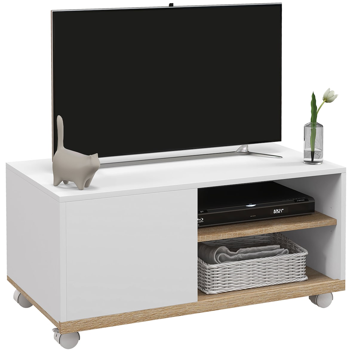 HOMCOM mueble TV de salón moderno con ruedas mesa para televisores de 42 pulgadas módulo TV con 1 puerta y 2 estantes de almacenamiento 80x45x39,5 cm