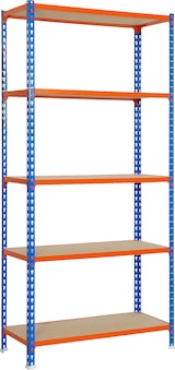 thumbnail of SimonRack Estantería Metálica, 2000x1200x300 mm, 5 Alturas, Bandeja Madera, 200 kg de Punto Flexión, Azul/Naranja/Madera - Maderclick