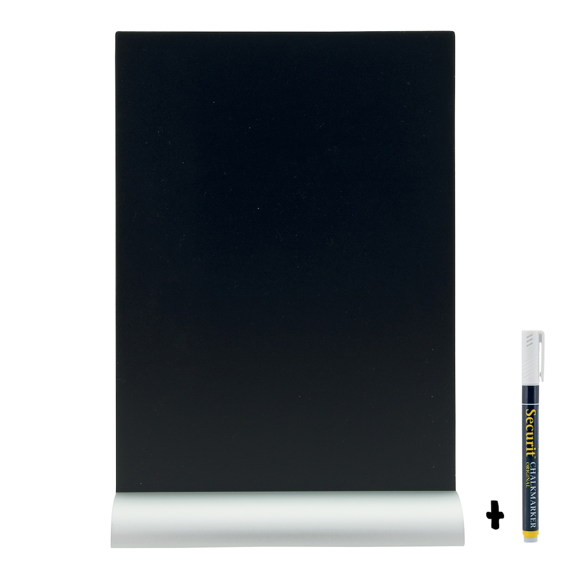 Securit® Pizarra de mesa - Silueta Hoja A4 - Base de aluminio - Rotulador de tiza incluido