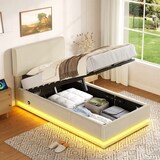 thumbnail of Merax Einzelbett 90x200, Polsterbett mit LED & USB-C, höhenverstellbarem Kopfteil & Unterbett-Stauraum, Cord, Beige