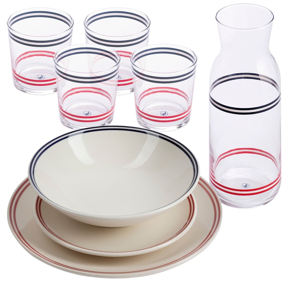 El Ganso - 12-teiliges gestreiftes Geschirrset mit 1,2-l-Wasserflasche und 4 345-ml-Gläsern