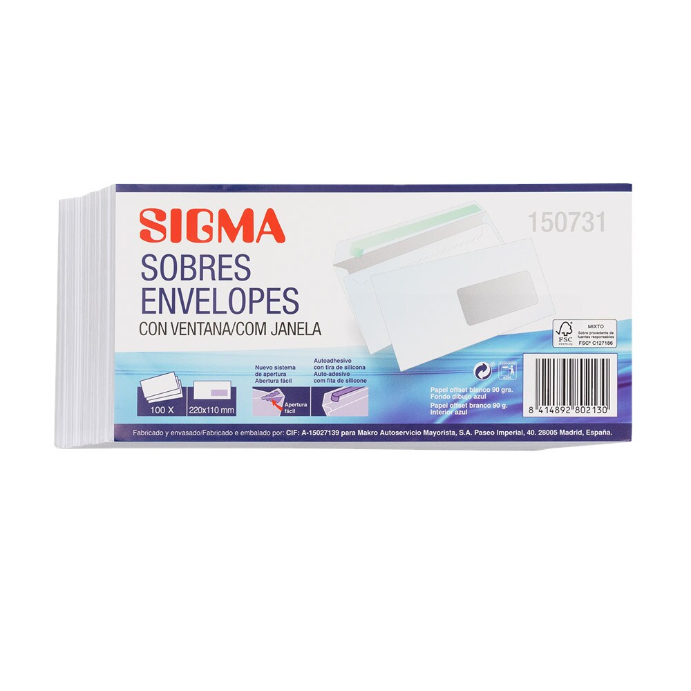 Paquete de 100 Sobres Blancos 110x220 con ventanilla SIGMA