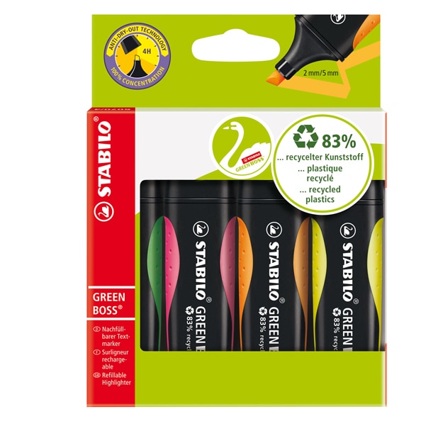 STABILO 4 surligneurs GREEN BOSS jaune + vert + orange + rose