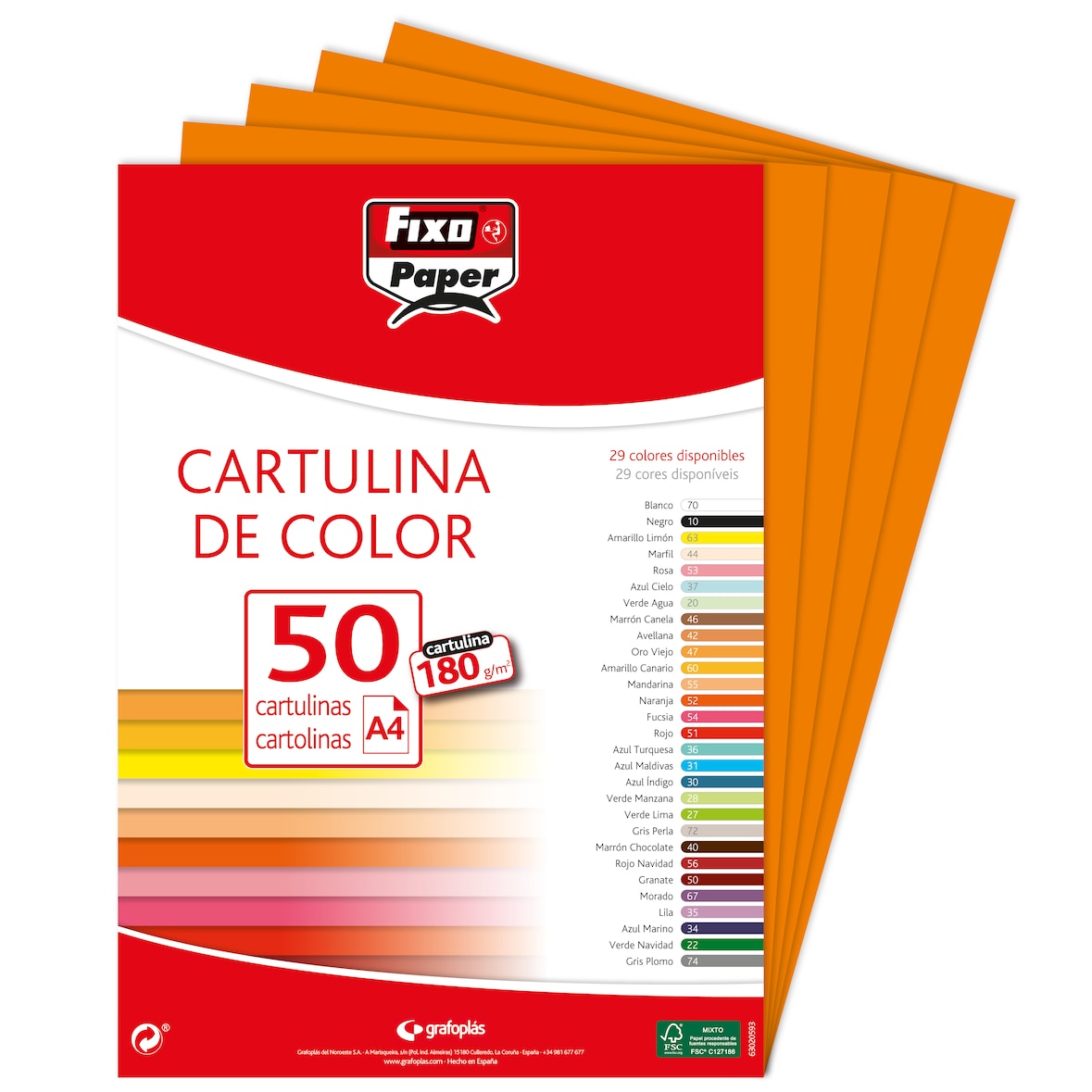 Pacote de 50 Cartolinas 180g. A4 laranxa