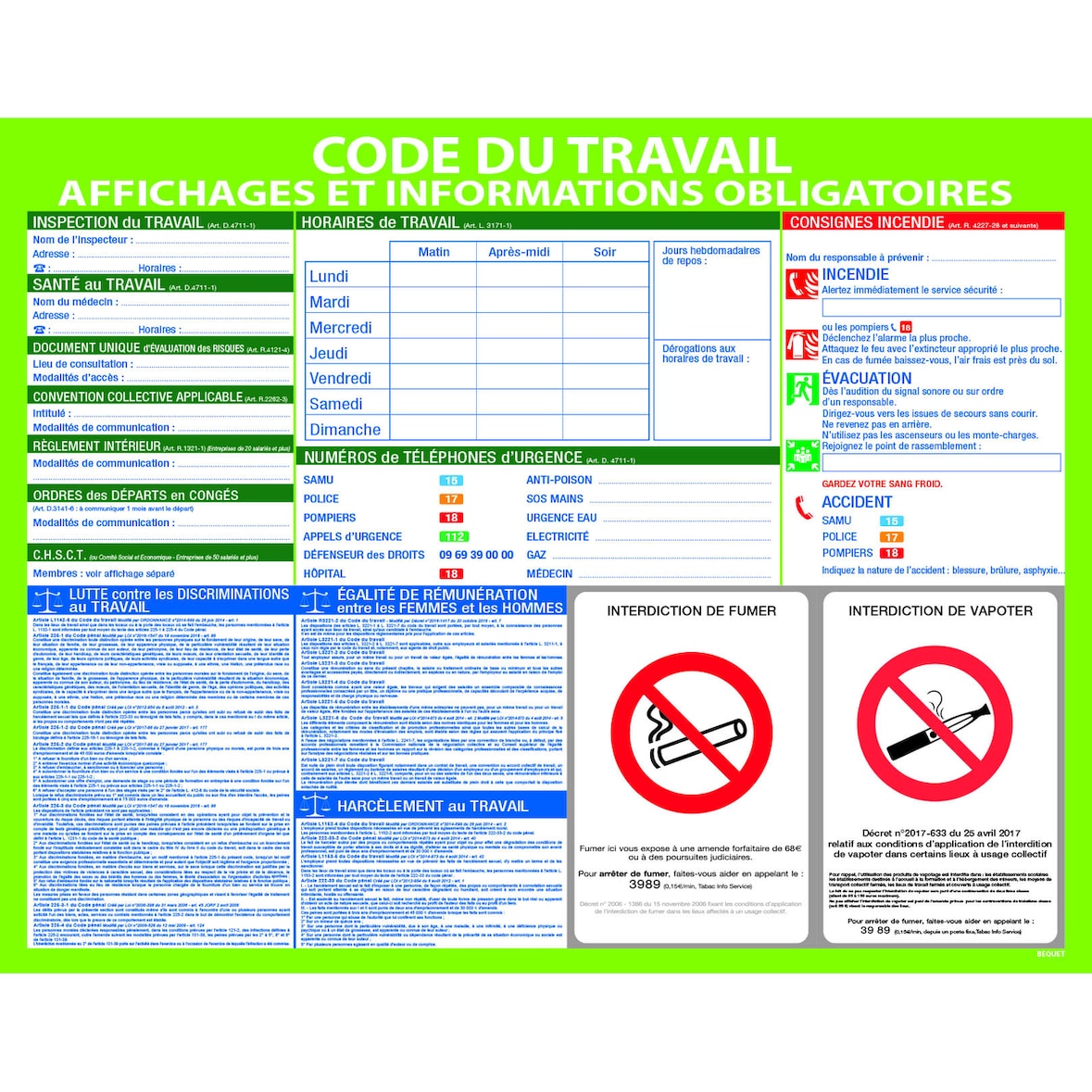 Bequet Pancarte affichage Code du Travail + 1 feutre sec plastique blanc 47 x 60 cm