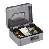 thumbnail of Relaxdays Geldkassette, 3-stellige Zahlenkombination, Münzeinsatz, Geldkasten Eisen, Kasse, HxBxT 8,5 x 20 x 17 cm, grau