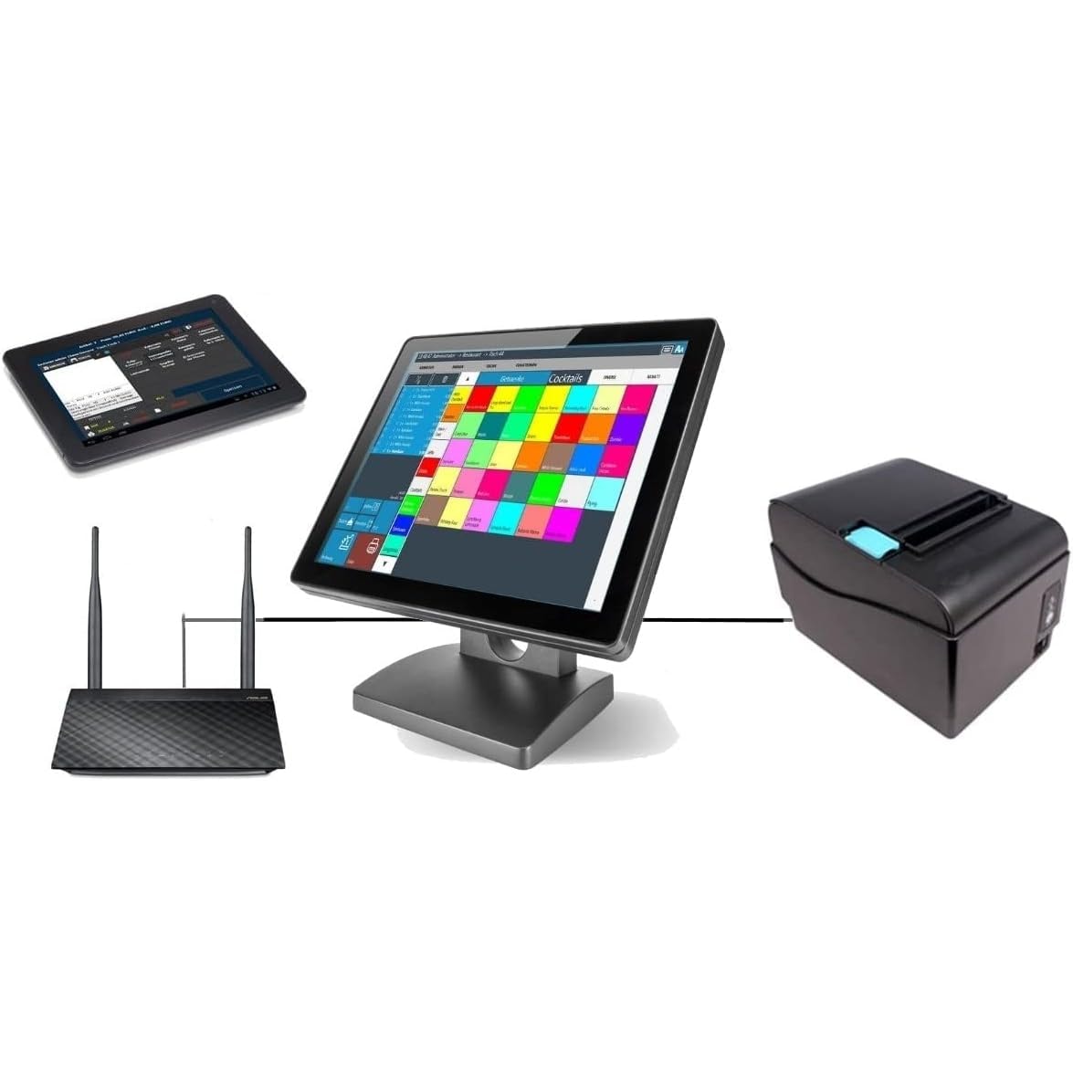15" GASTRO NETZWERK-Kassensystem mit 7" Bestellterminal, Bondrucker, Hauptkasse für Restaurant, Cafe, Biergarten