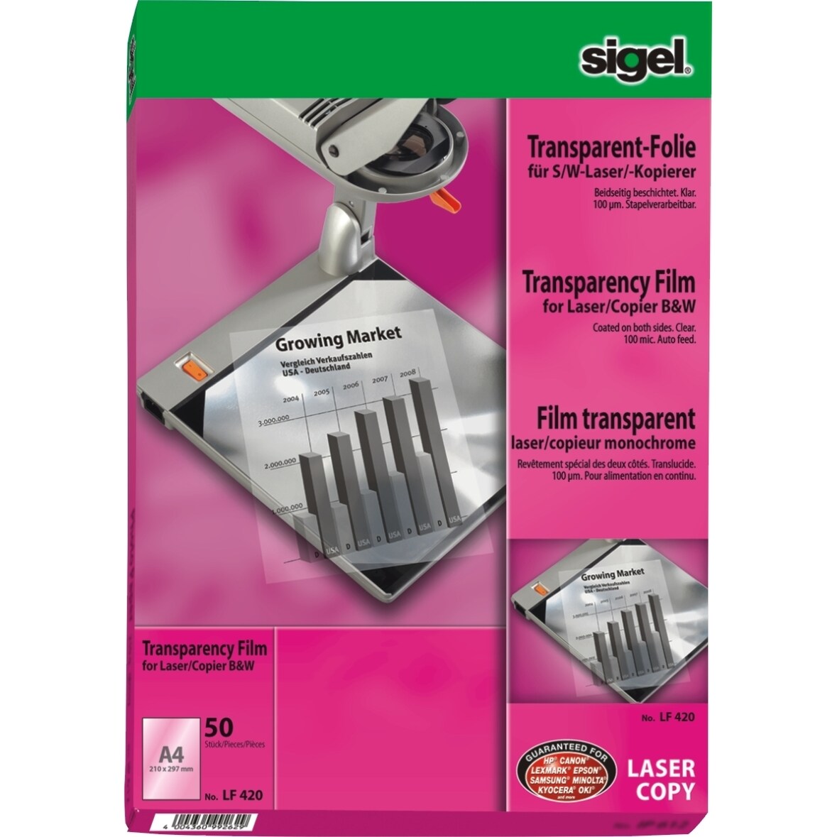S/W-Laser/-Kopier-Folie transparent A4 100qm klar beschichtet stapelverarbeitbar VE=50 Blatt