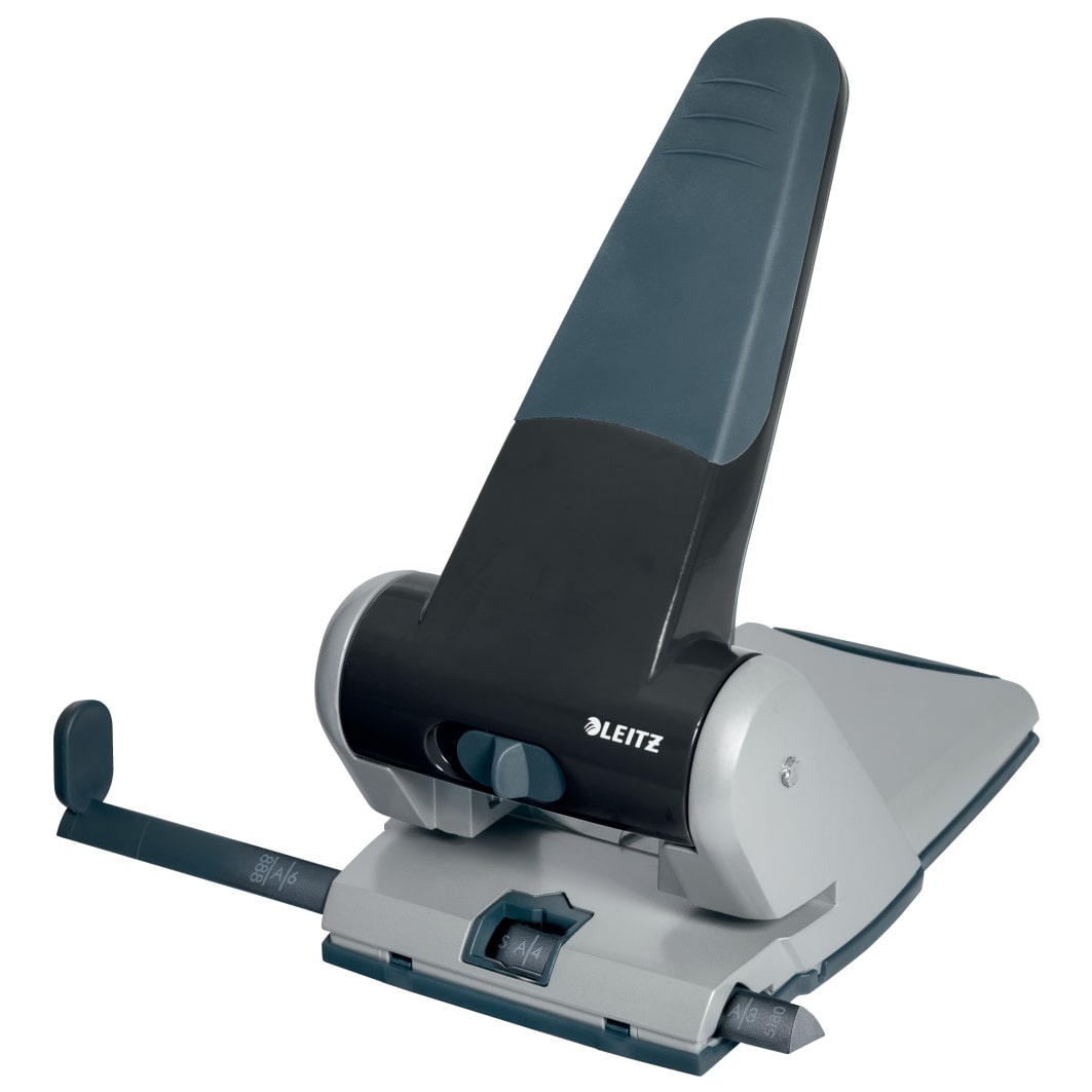 Leitz Extrastarker Registraturlocher aus Metall, Für 65 Blatt, Großer Locher für das Büro, Anschlagschiene mit Formatangaben, 5180