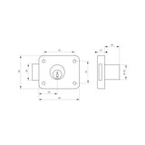 thumbnail of Serrure de meuble en applique pour porte d'ameublement, axe 20mm, 40x40mm, nickelé, 2 clés - THIRARD