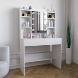 thumbnail of Toeletta Tavolino Trucco Tavolo Con 9 Luci LED Luminosità E Tonalità Regolabili Specchio 2 Cassetti 7 Vani A Giorno Mensole 40 x 90 x 144.7 Cm Bianco