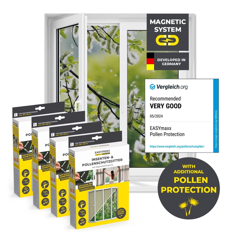 EASYmaxx Moskitonetz mit Pollenschutz mit Magnetbefestigung fürs Fenster - 150 x 130 cm - grau - 4er-Set