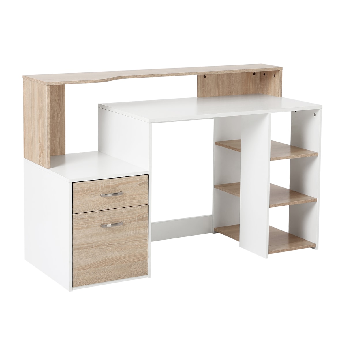 Mesa de Ordenador PC 137x55x92 cm Escritorio con Estantería de 3 Estantes 2 Cajones y Soporte para Impresora para Oficina Estudio Despacho