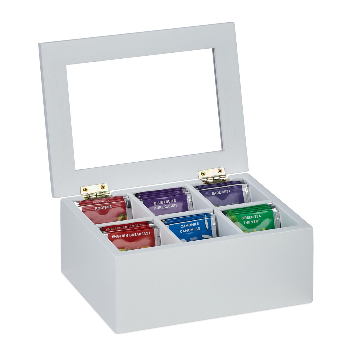 Relaxdays Teebox, 6 Fächer, Bambus, HBT: 9x21,5x16 cm, für Tee & Kaffeepads, Teekasten mit Deckel, staubgeschützt, weiß
