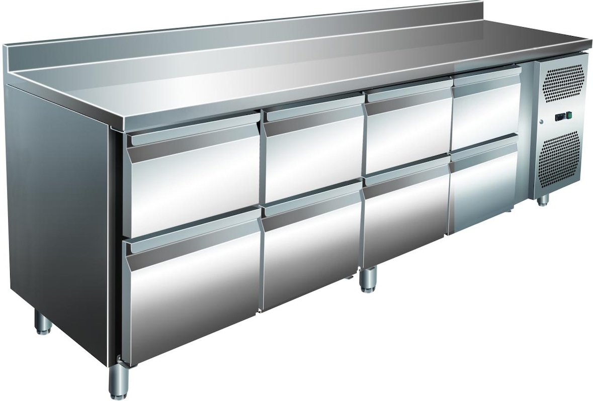 A&S VIP Kühltisch mit 4x 2 Schubladen und Aufkantung -2 bis +8°C 2.230x700x960 mm