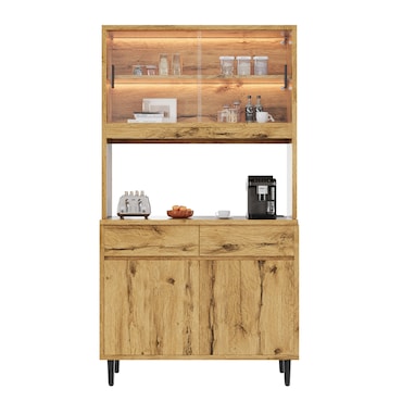 Merax LED buffetkast 100x40x185 cm, hoge kast met werkblad, stopcontact en USB, opbergruimte, koffiestation, eikenkleur