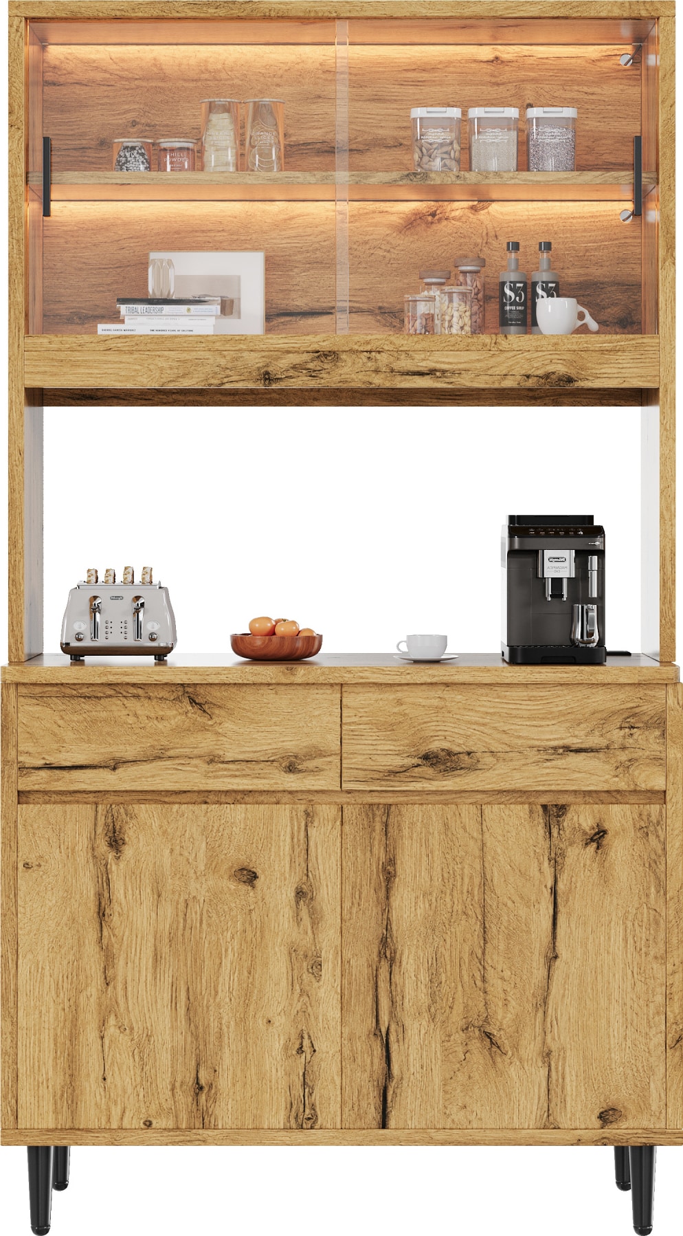 Merax LED buffetkast 100x40x185 cm, hoge kast met werkblad, stopcontact en USB, opbergruimte, koffiestation, eikenkleur