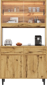 thumbnail of Merax LED buffetkast 100x40x185 cm, hoge kast met werkblad, stopcontact en USB, opbergruimte, koffiestation, eikenkleur