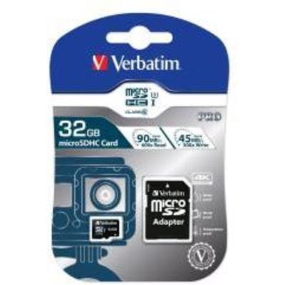 Verbatim microSDHC-Card 32GB, PRO, U3, UHS-I, 4K UHD (R) 90MB/s, (W) 45MB/s, SD Adapter, Retail-Blister