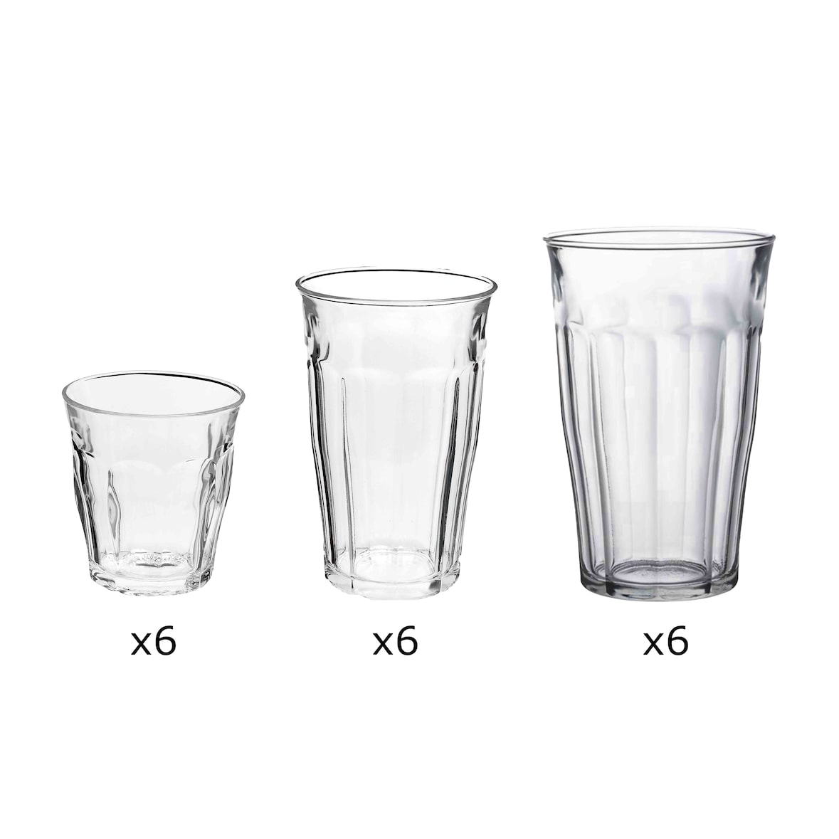 Duralex 18 tlg. Set aus Trinkgläsern 6 x 25 cl, 6x 36 cl, 6 x 50 cl, transparent, glasklar, Shabbylook, Hartglas, geeignet für heiß und Kalt