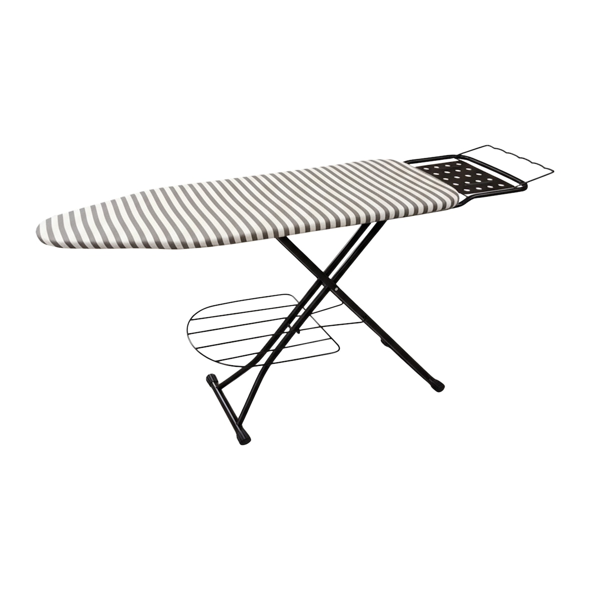 Relaxdays Bügelbrett für Dampfbügeleisen, 110x33 cm, höhenverstellbar, klappbar, Ablage, Bügeltisch gestreift, grau-weiß