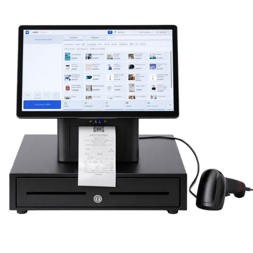 MYBE – Caisse enregistreuse tactile TPV CUBO Perimatic avec logiciel de caisse "Business" inclus, imprimante ticket intégrée, tiroir-caisse et scanner