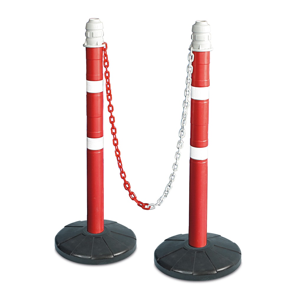 Ketten- / Warnständer Komplett-Set mit 2 Kettenständern, 2 m Kette, Rohr Ø 70 mm, Höhe 1000 mm, Standfuß aus Vollgummi