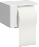 Ein weißer Toilettenpapierhalter mit einer Rolle Toilettenpapier.
