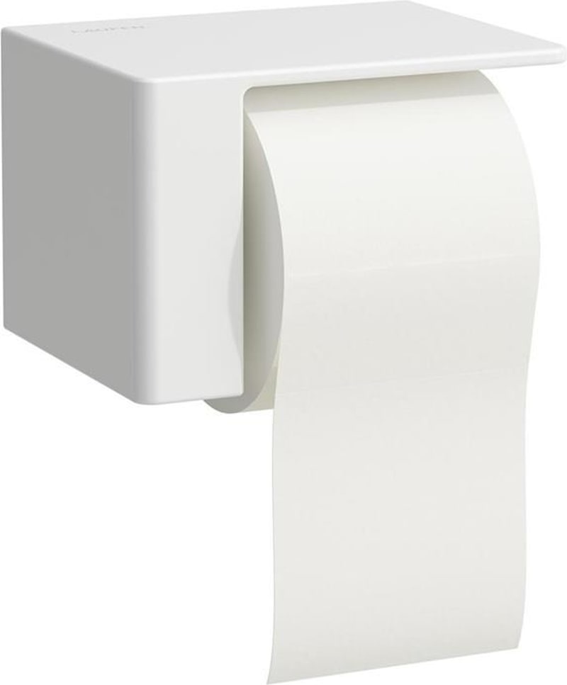 Ein weißer Toilettenpapierhalter mit einer Rolle Toilettenpapier.
