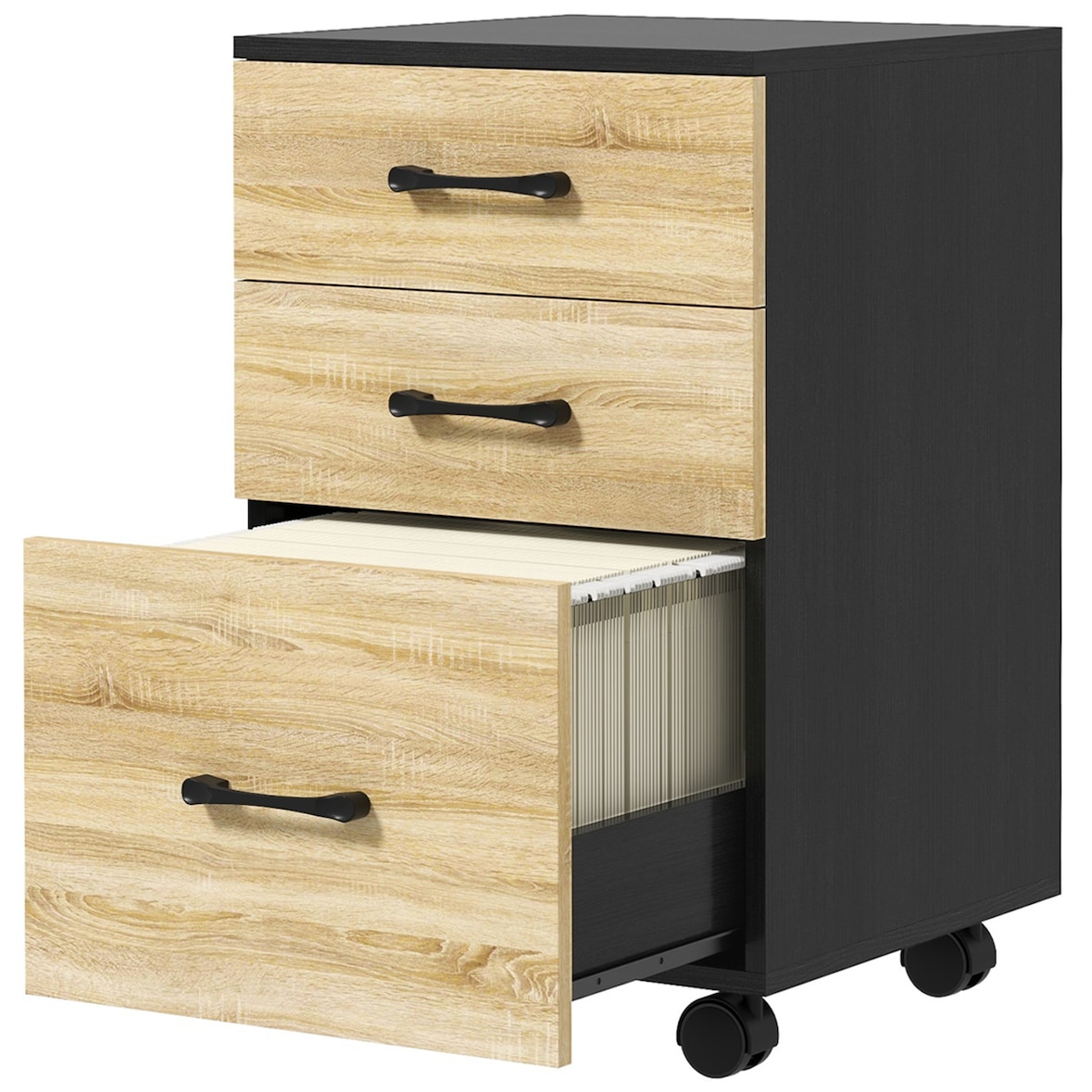 Bloco de Gavetas de Escritório Móvel de Arquivos com 4 Rodas 3 Gavetas para Tamanho A4 Carta 40x42x65 cm Carvalho e Preto