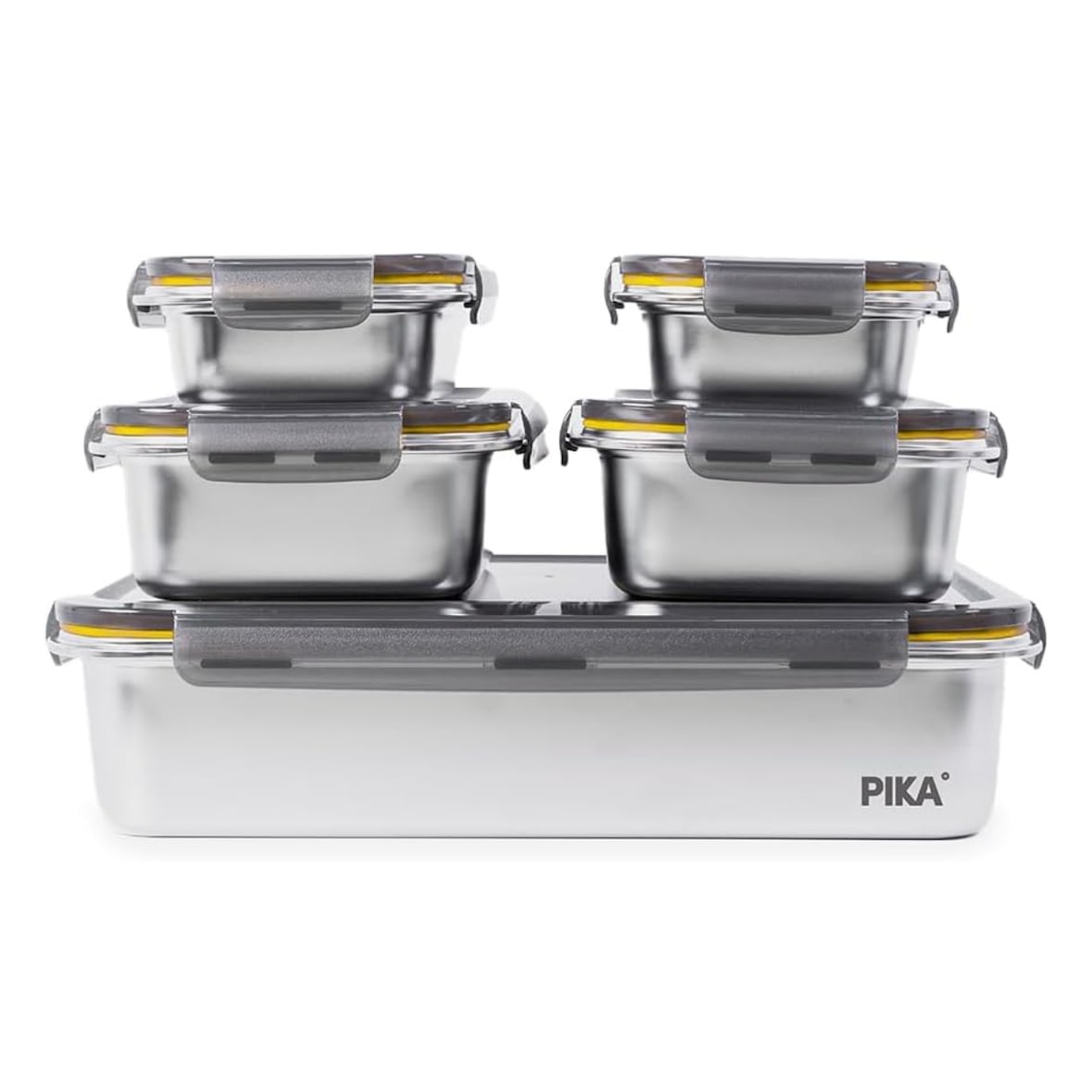 PIKA | Lot de 5 boites alimentaires en inox |1x 5000ml + 2x 1300ml + 2x 650ml | Spécial Batch cooking | Compatible au micro-ondes, four, congélateur |