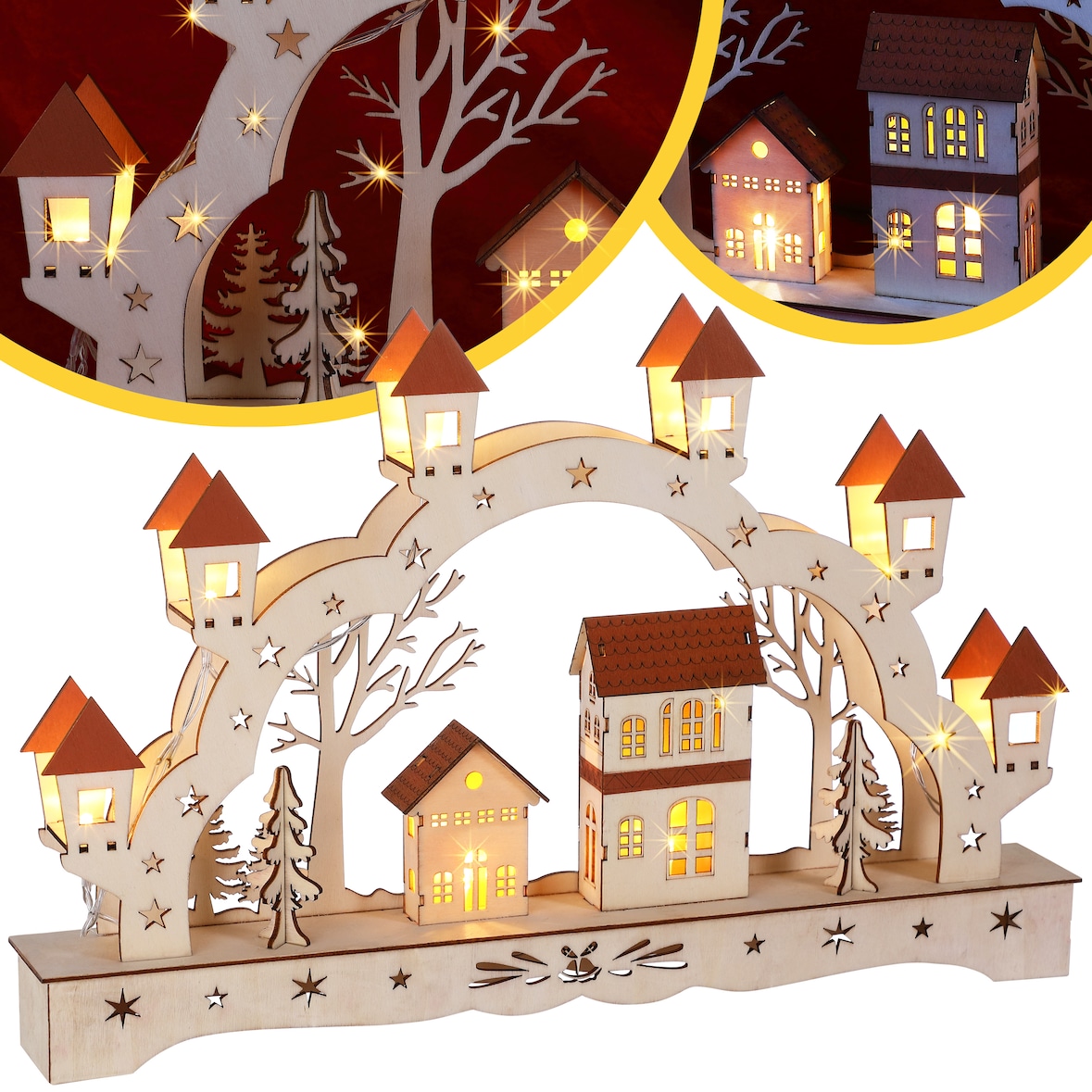 Monzana Schwibbogen Landschaft Holz Hellbraun LED Beleuchtet Weihnachten Deko Weihnachtsbogen Lichterbogen