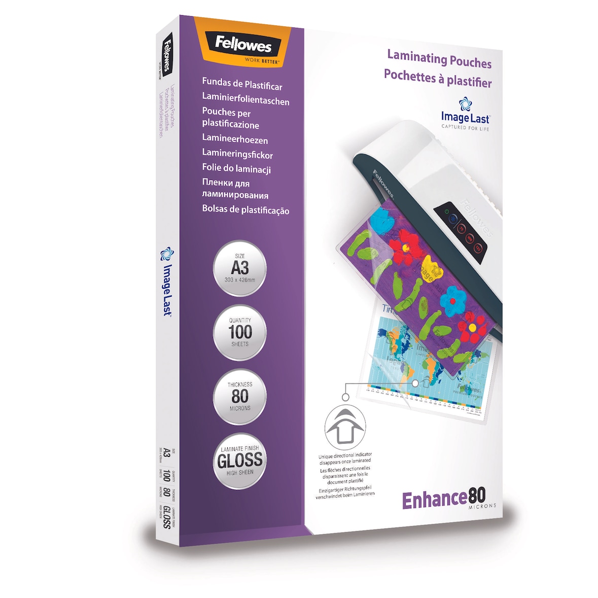 Fellowes 100 fundas plastificar Premium A3, 80 micras, acabado de alta calidad, flechas direccionales de introducción que desaparecen al plastificar