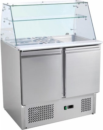 Gastro Kühltisch Saladette Edelstahl | Glasaufsatz | 213 L | 2 Türen | Kühltheke