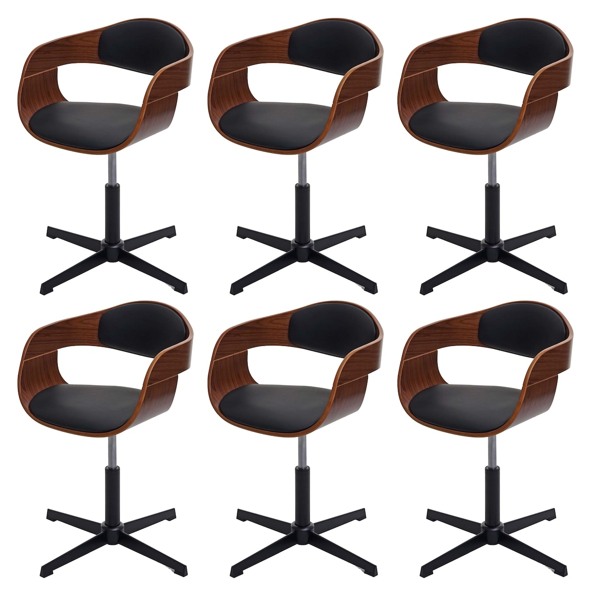 6er-Set Esszimmerstuhl HWC-H46, Stuhl, höhenverstellbar Drehmechanismus Bugholz FSC® ~ Walnuss-Optik Kunstleder schwarz