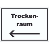 thumbnail of Trockenraum Aufkleber mit Text und Richtungspfeil links Wäsche trocknen waagerecht A8 (52x74mm)