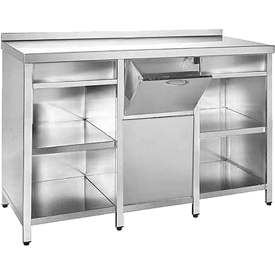 Mueble Cafetero De Acero Inoxidable Aisi 304 Con Cajon Tolva Abatible Y 2 Estantes De Gran Capacidad Y Patas Regulables En Altura  2500X600X1050mm