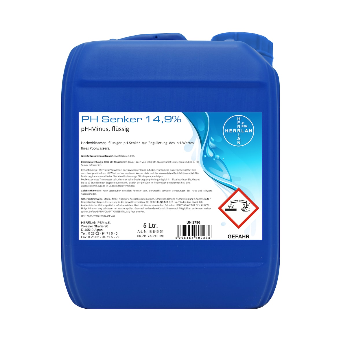 HERRLAN® PH Senker 14,9% – 5 Liter – Flüssiger pH-Senker für Pool & Schwimmbad - Professionelle pH-Regulierung für Chlor- & Salzwasseranlagen