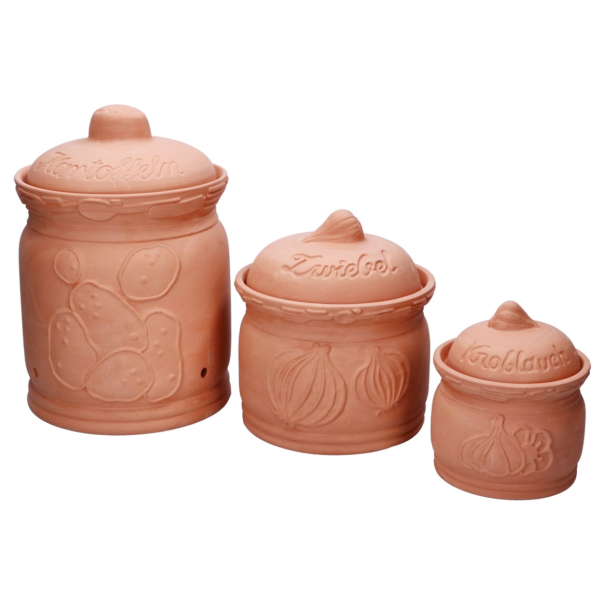 3er Set TERRA Kartoffel-, Zwiebel- & Knoblauchtopf aus Terrakotta - 1983, 1984 & 1985