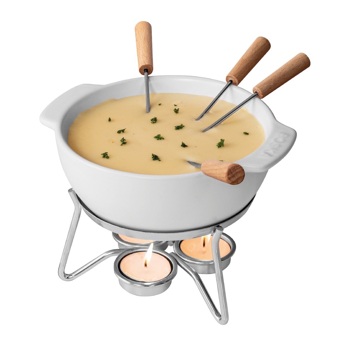 Boska Fondueset Party - Käsefondue - Fondue set - Fondue mit Brennpaste - Mit Teelicht - 750 ml - Keramik Fondue topf - Weiß