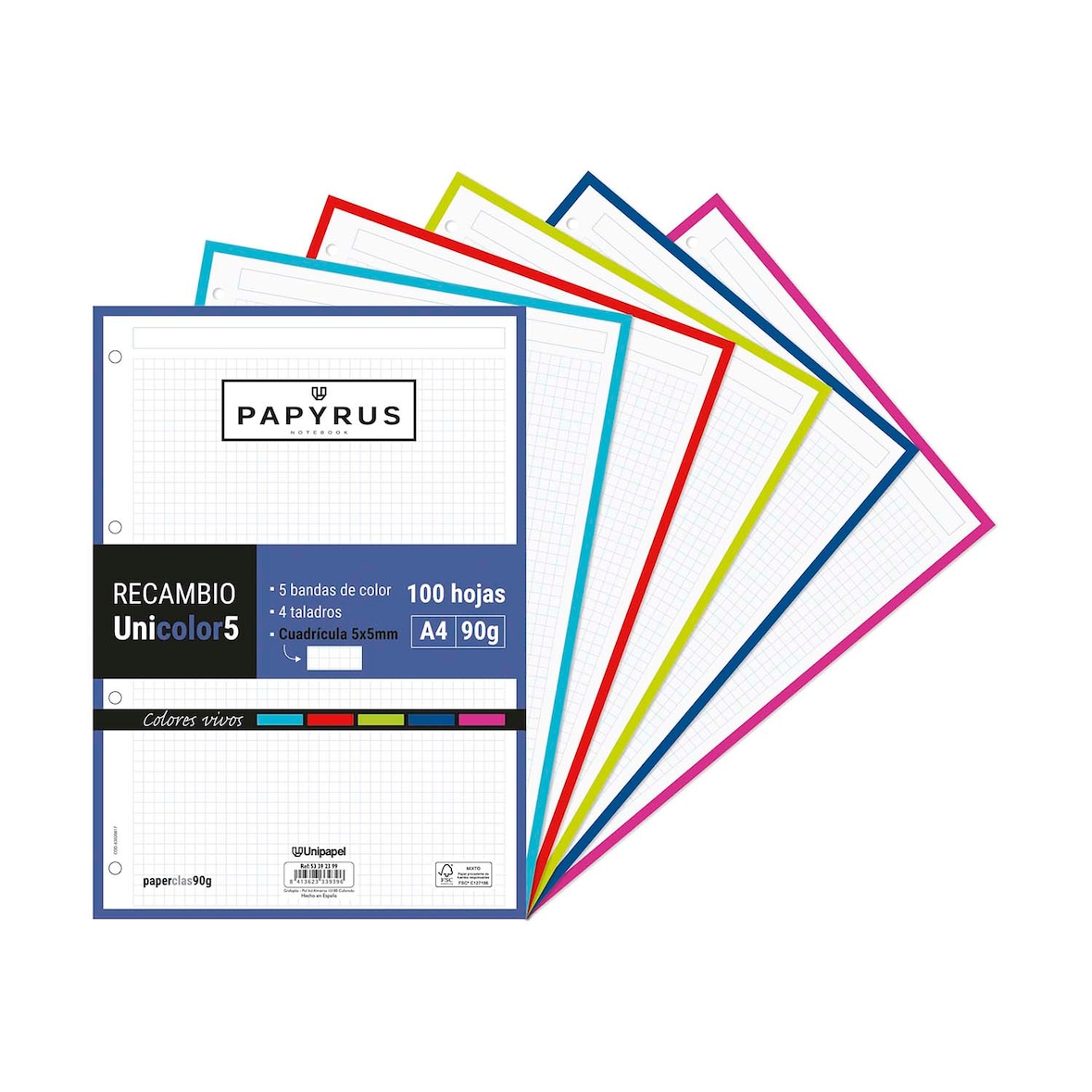 Recargas A4 100 folhas 90g Grelha 5x5 sem margens com orifícios Tiras coloridas