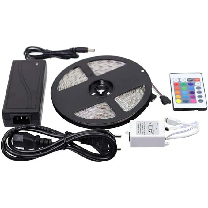 Kit de fita de LED RGB, bobina de 5 m, IP20, para uso interno, SMD5050, inclui controle remoto e transformador. Potência: 14,4 W/m. Base adesiva 3M.
