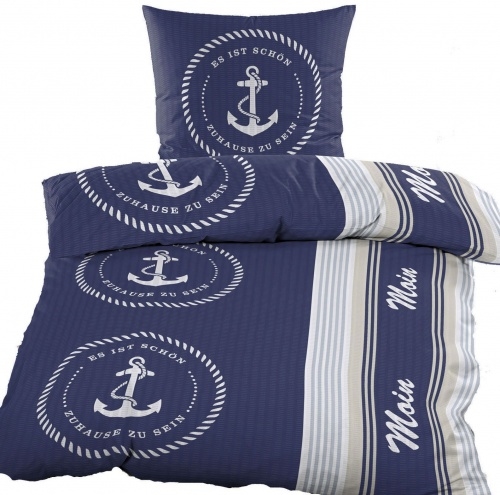 2-tlg. Seersucker Bettwäsche 135x200 +80x80cm, blau weiß, maritim/Anker, bügelfrei